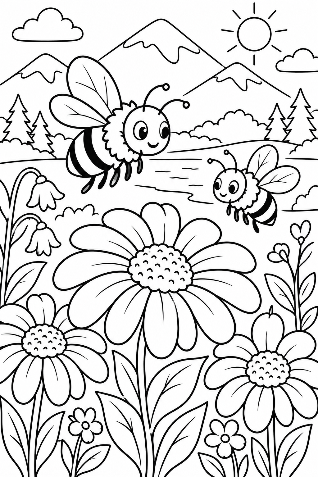 AI coloring page: Cute bumblebees flying around large wildflowers in a peaceful mountain valley wi — free printable line art