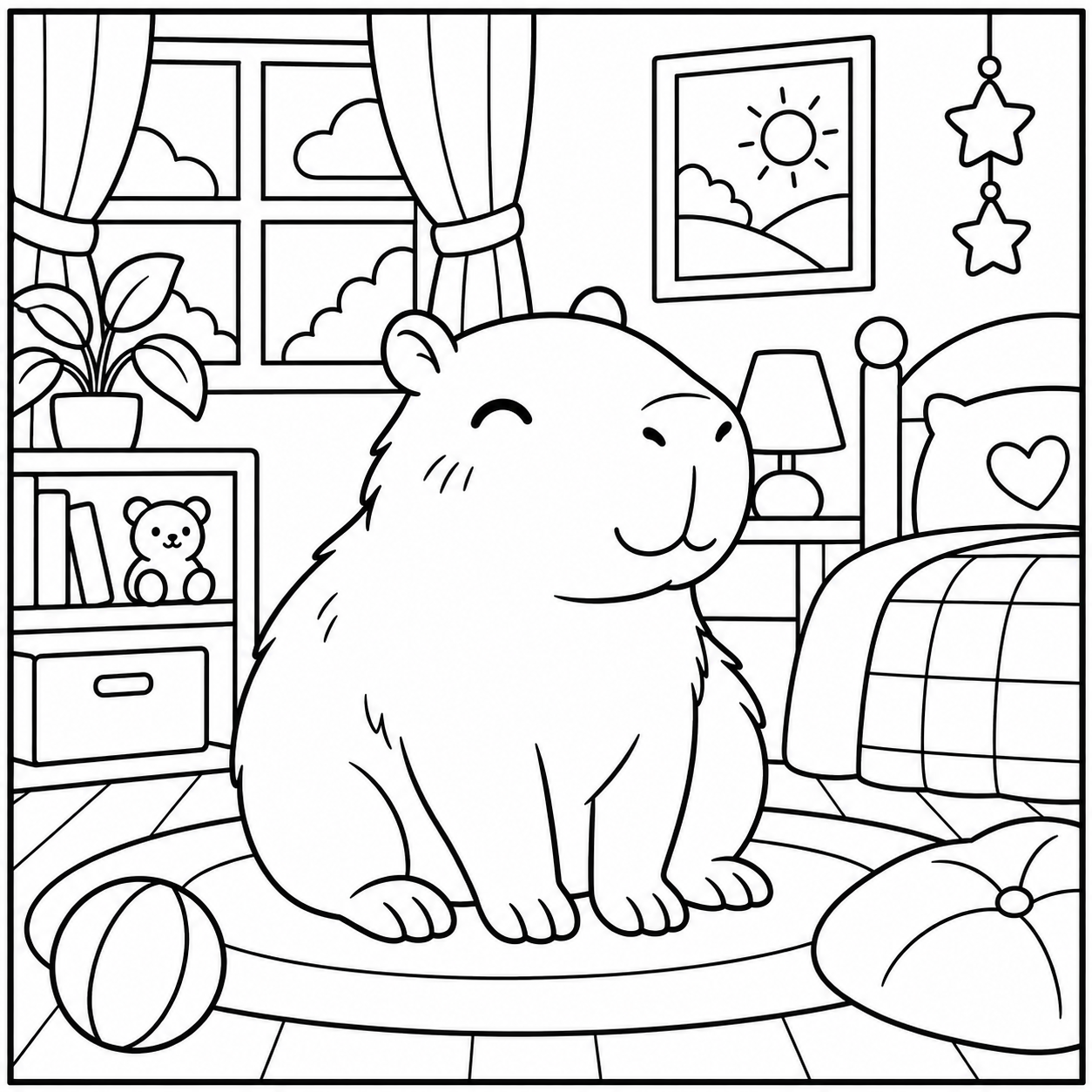 AI coloring page: I want you put in a square a drawing of a cut capybara in his room don’t put any — free printable line art