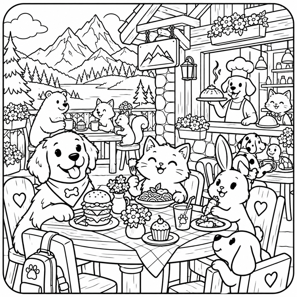 AI coloring page: I want you put in a square with round corners a drawing of a mountains restauran — free printable line art