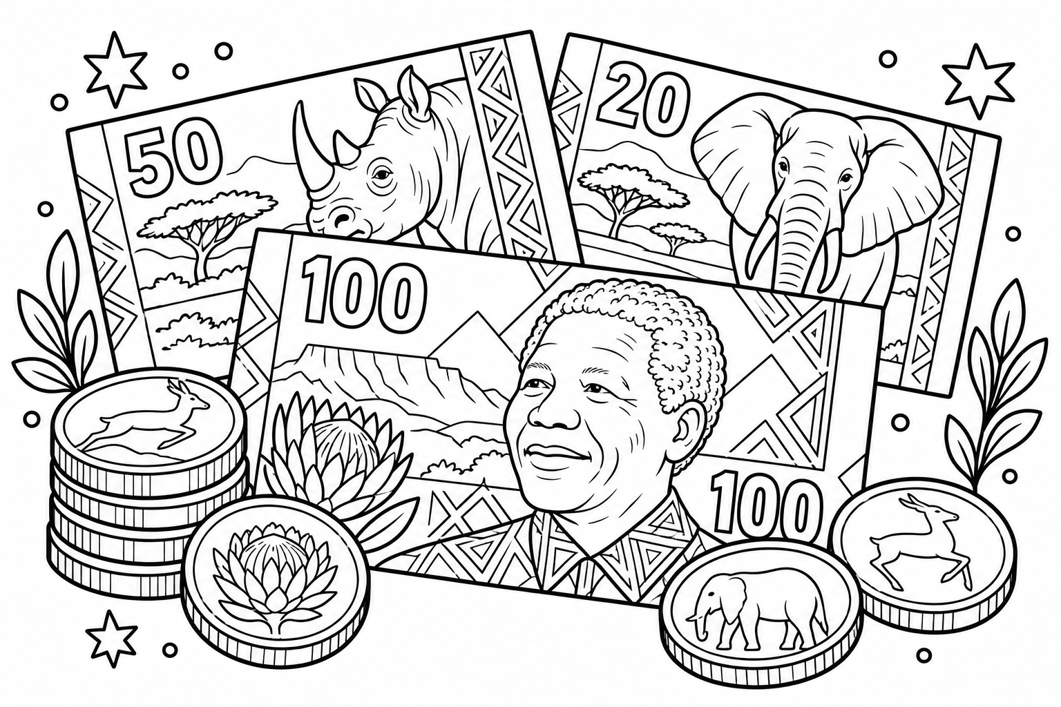 AI coloring page: South African money — free printable line art