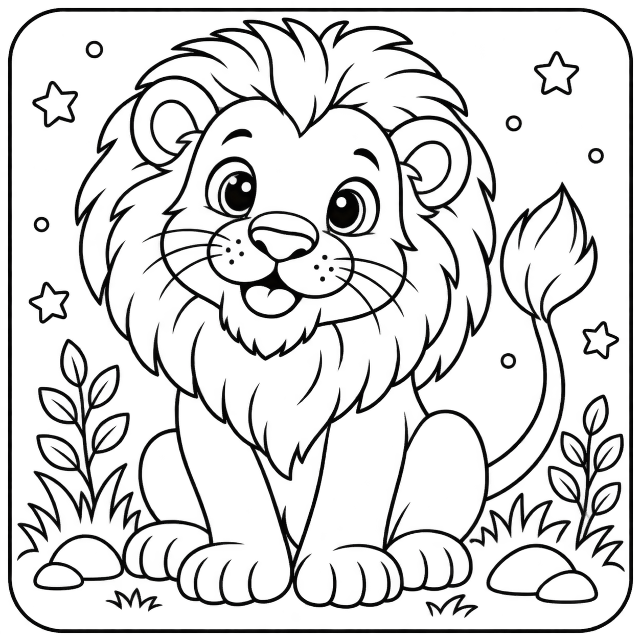 AI coloring page: I want you put in a square with round corners a drawing of a lion  don’t put any — free printable line art
