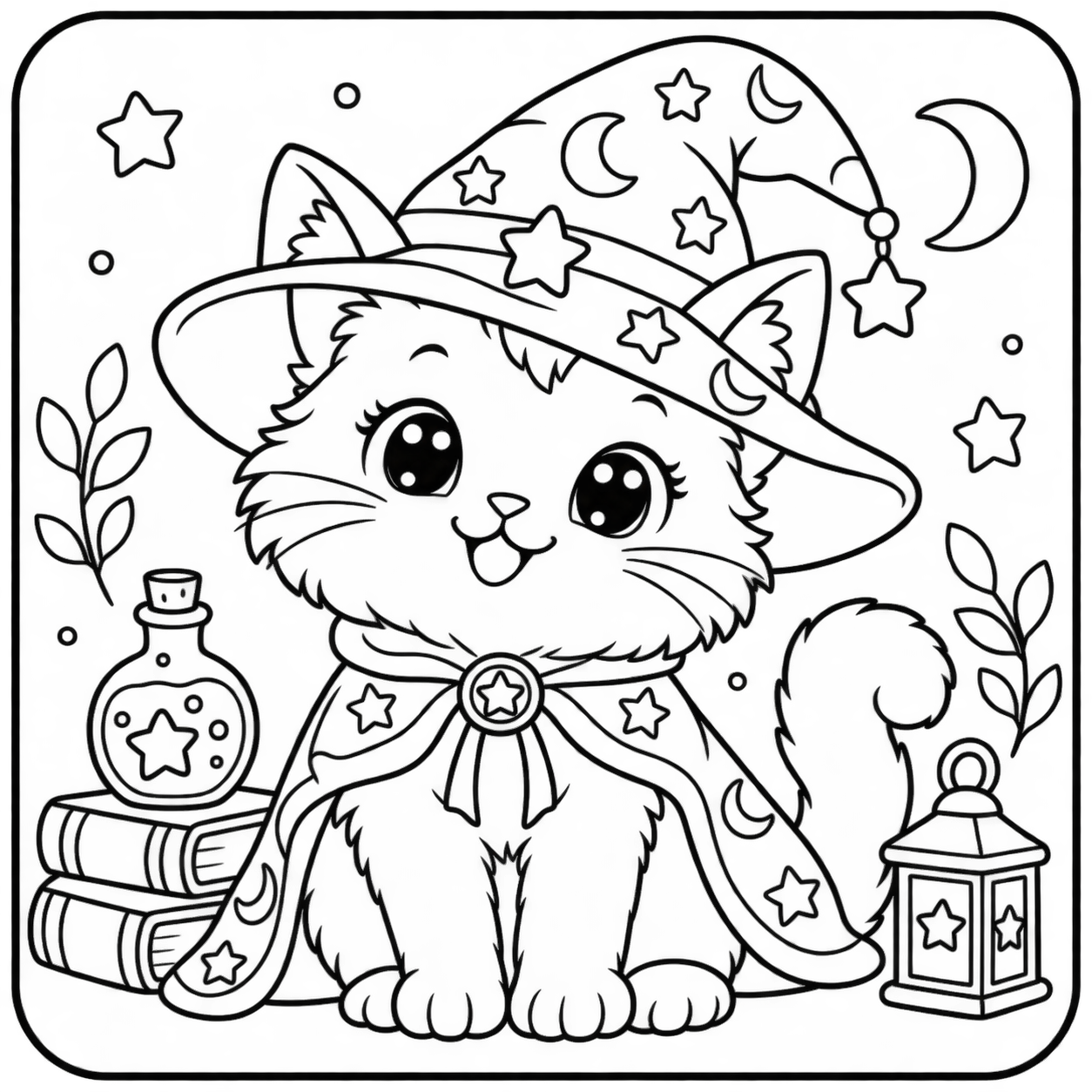 AI coloring page: I want you put in a square with round corners a drawing of a cute wizard cat don — free printable line art