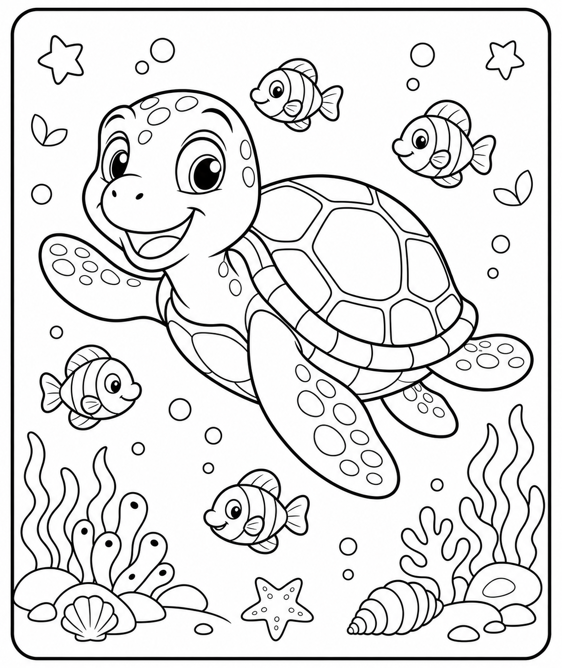 AI coloring page: a sea turtle swimming with fish — free printable line art