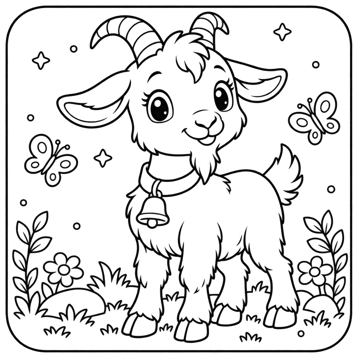 AI coloring page: I want you put in a square with round corners a drawing of a goat don’t put any  — free printable line art