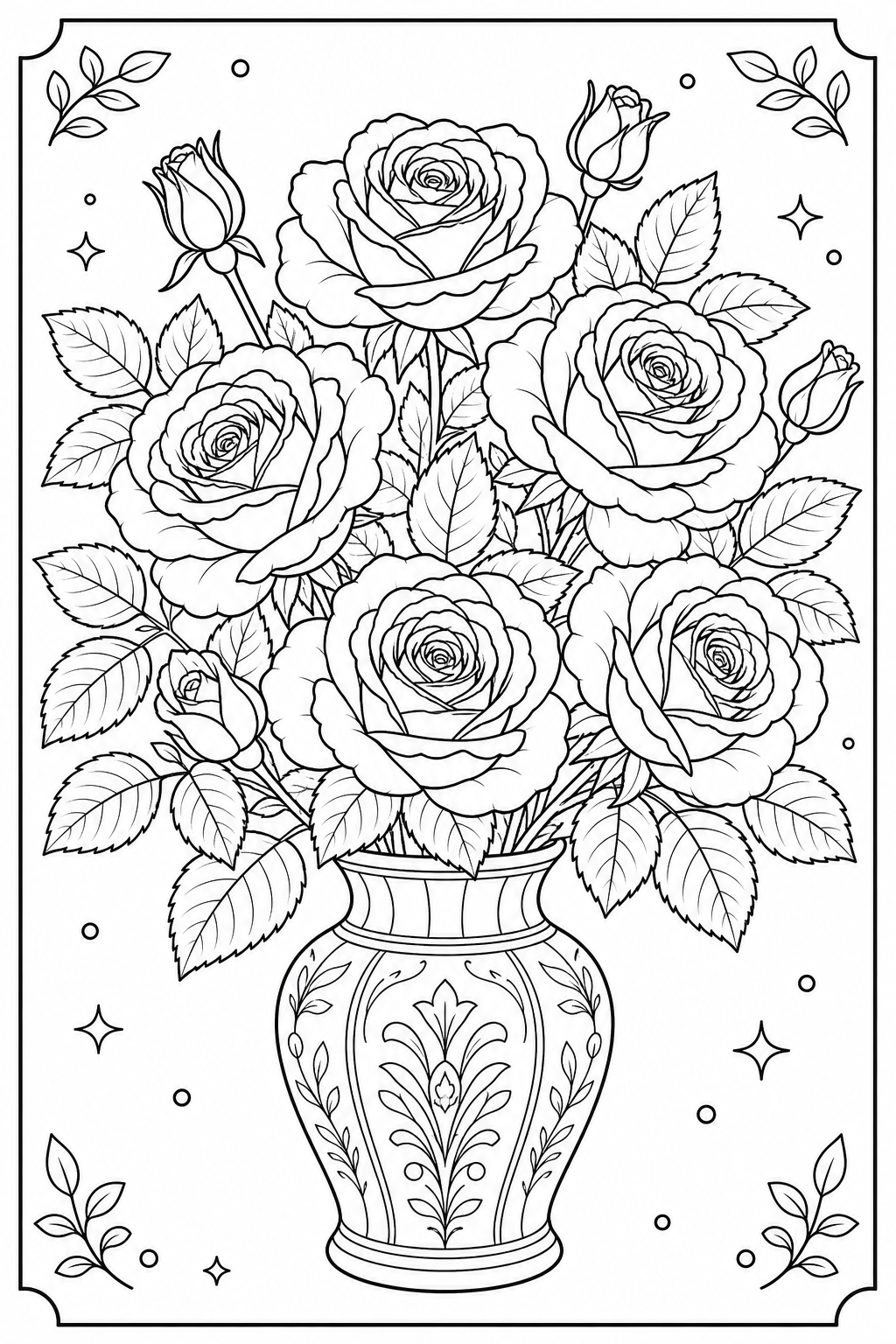 AI coloring page: a bouquet of roses in a vase — free printable line art