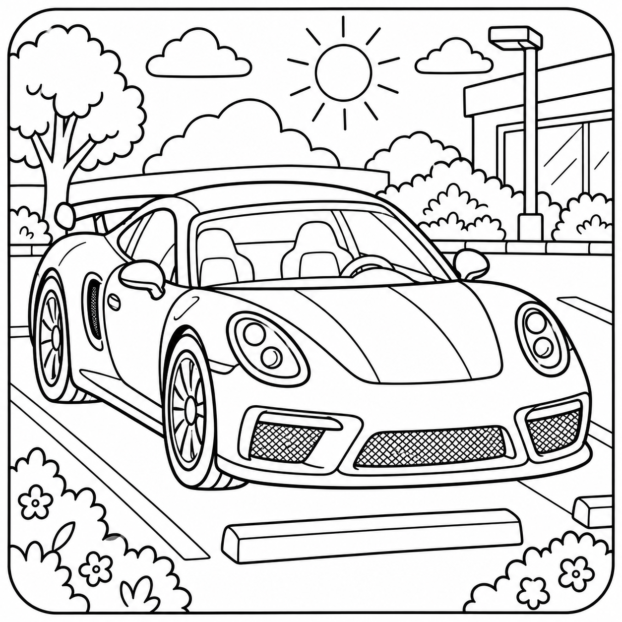 AI coloring page: I want you put in a square with round corners a drawing of sport car in a parkin — free printable line art