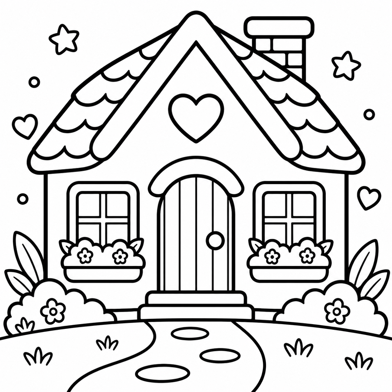 AI coloring page: Uroczy domek z drzwiami i dwoma oknami, prosty i przyjazny dla dzieci. Proste ks — free printable line art