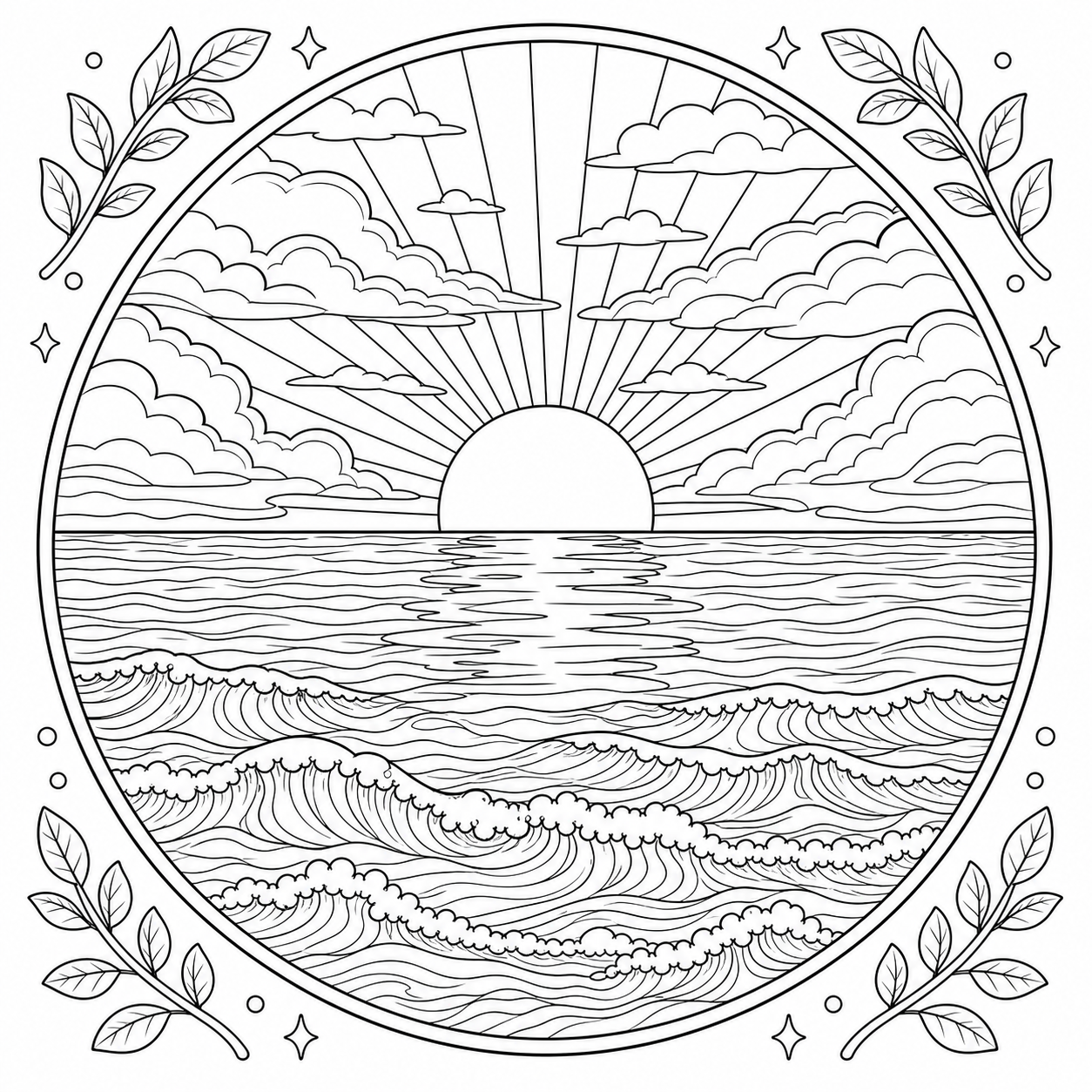 AI coloring page: a sunset over the sea — free printable line art