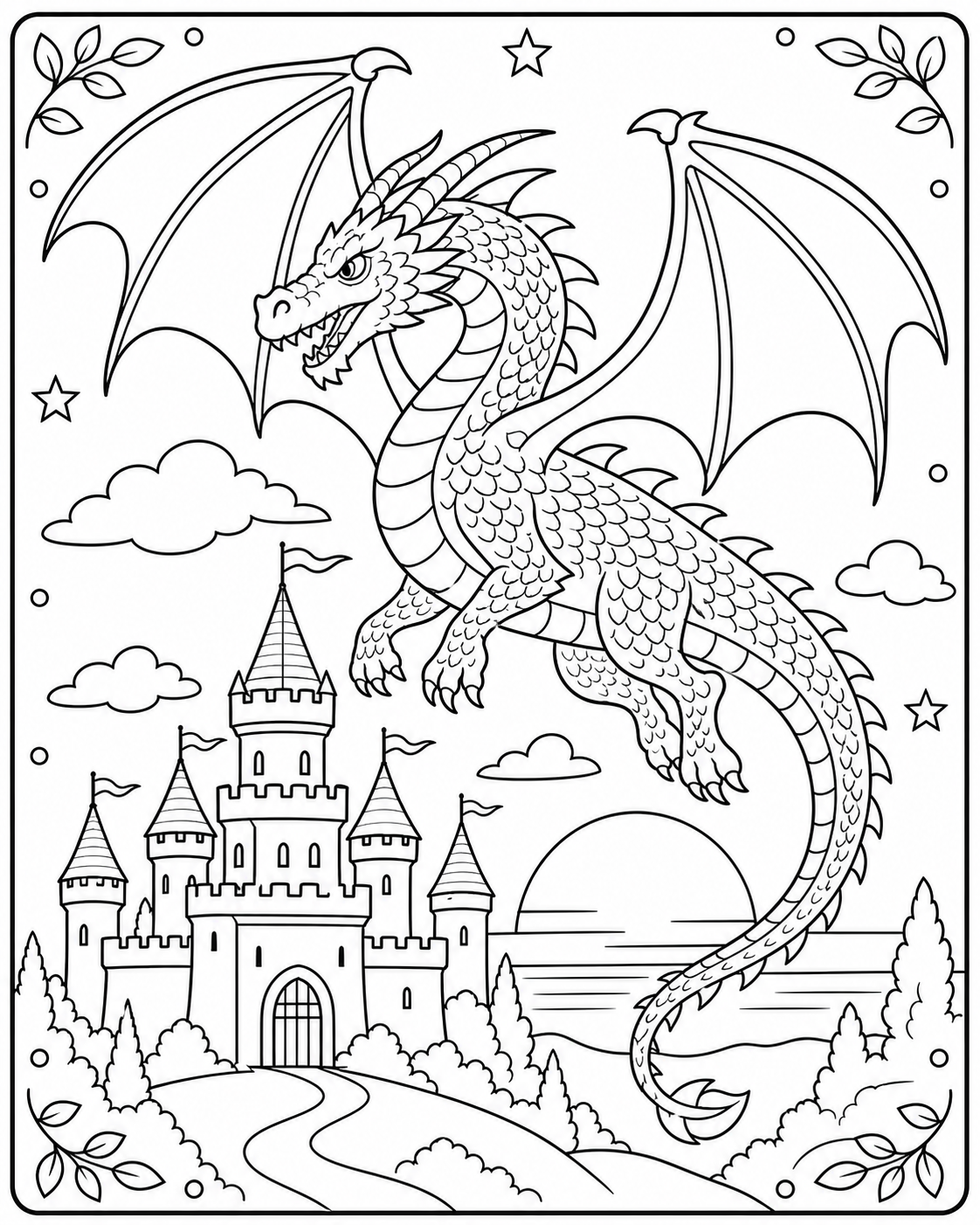 AI coloring page: A majestic dragon flying over a medieval castle at sunset — free printable line art