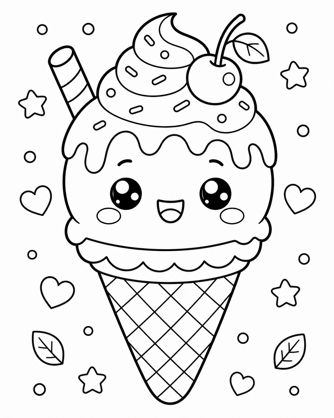 AI coloring page: a kawaii ice cream cone — free printable line art