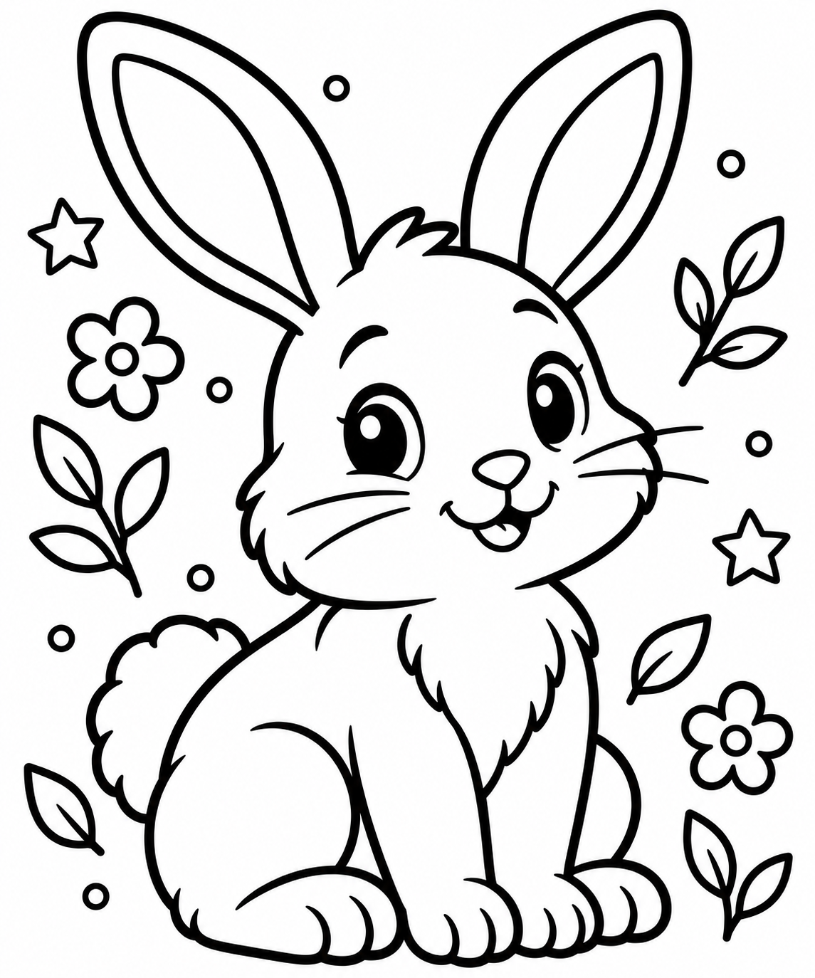 AI coloring page: Uroczy królik siedzący, wyrażnie rozpoznawalny po długich uszach i małym nosku.  — free printable line art