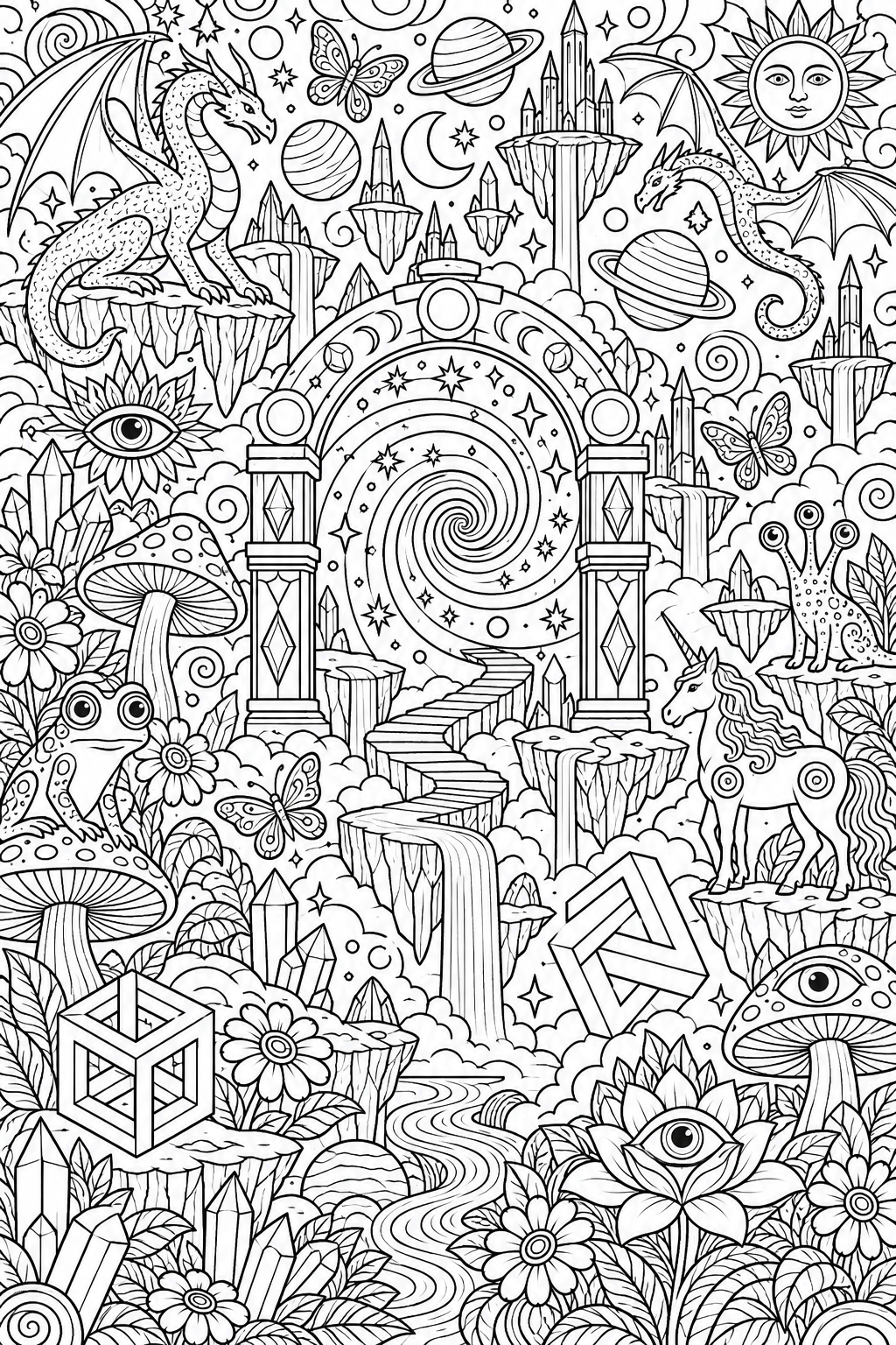 AI coloring page: Trippy psychedelic fantasy world with a giant mystical portal, mushrooms, dragon — free printable line art