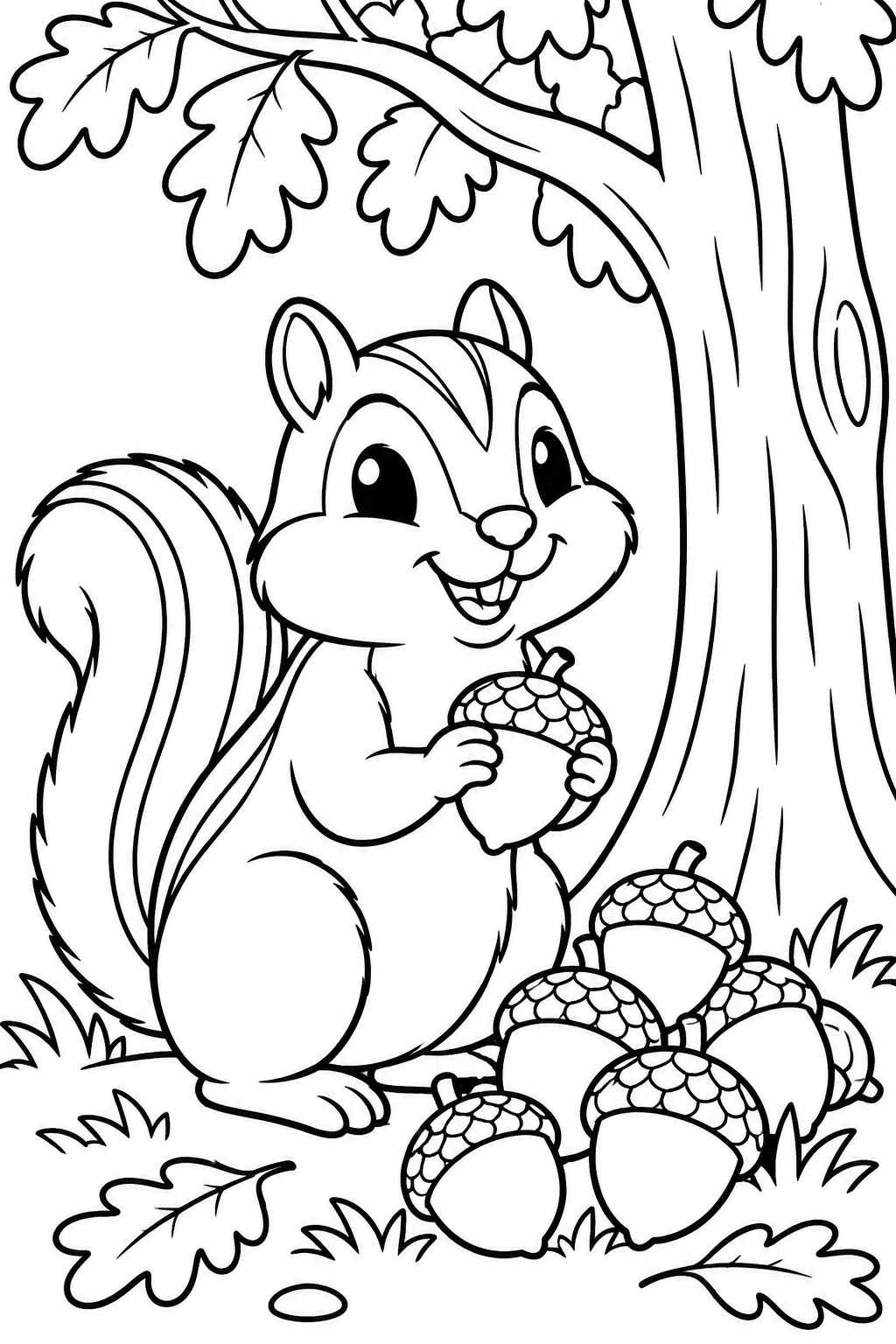 AI coloring page: Cute chipmunk sitting beside a pile of acorns under a small tree. Kids coloring  — free printable line art