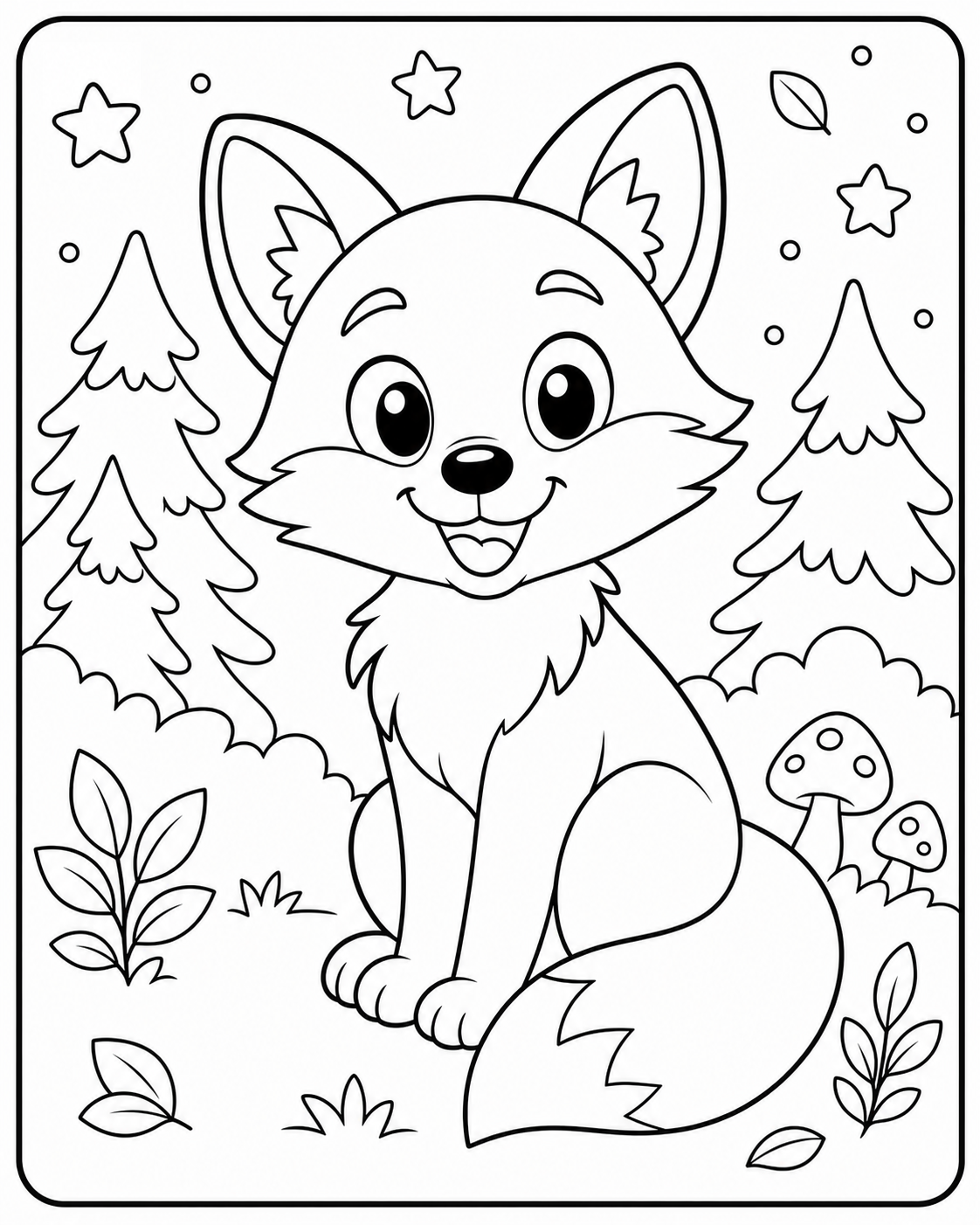 AI coloring page: a cute fox in a forest — free printable line art