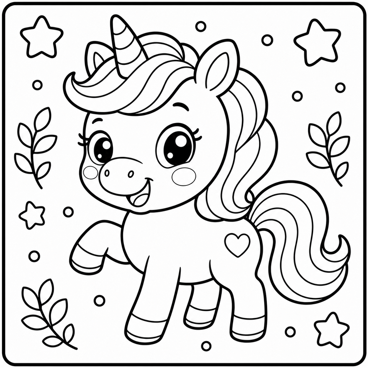 AI coloring page: a baby unicorn with a rainbow mane — free printable line art