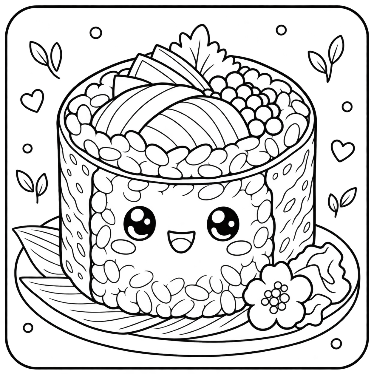 AI coloring page: I want you put in a square with round corners a drawing of a sushi  don’t put an — free printable line art
