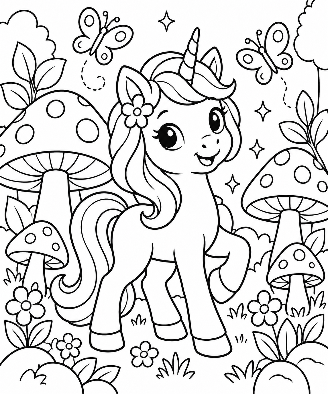 AI coloring page: A cute baby unicorn exploring a magical mushroom forest, surrounded by large fri — free printable line art