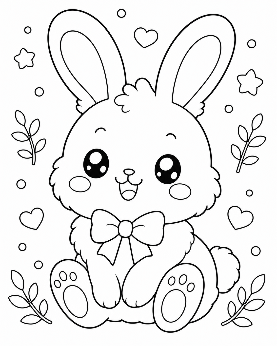 Free AI coloring page: a fluffy rabbit with long ears — black and white printable line art