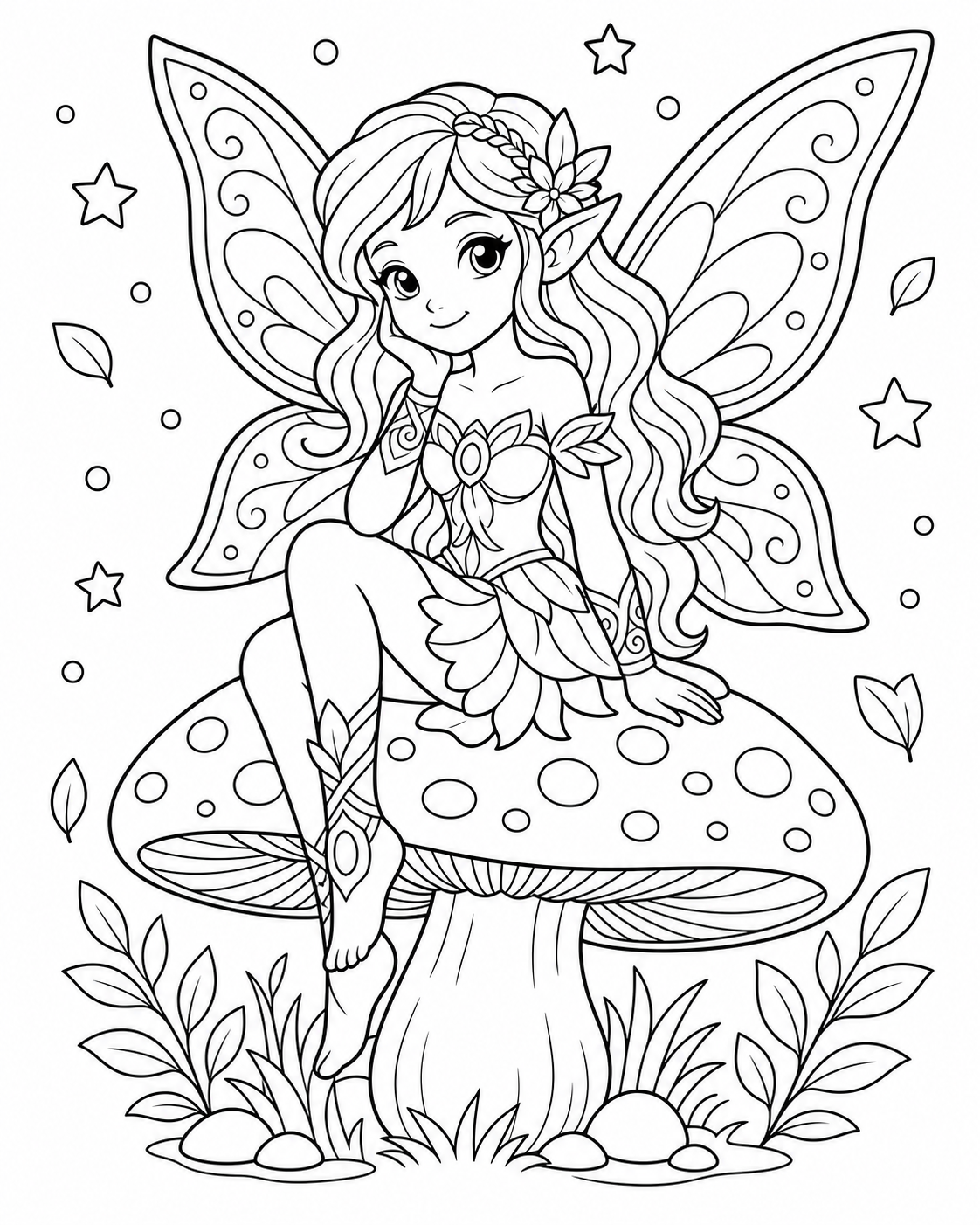 Free AI coloring page: a fairy sitting on a mushroom — black and white printable line art