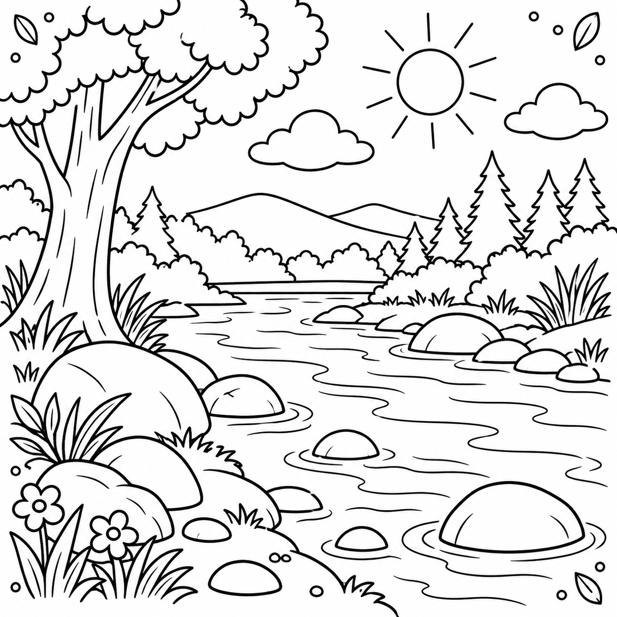 AI coloring page: River bank — free printable line art