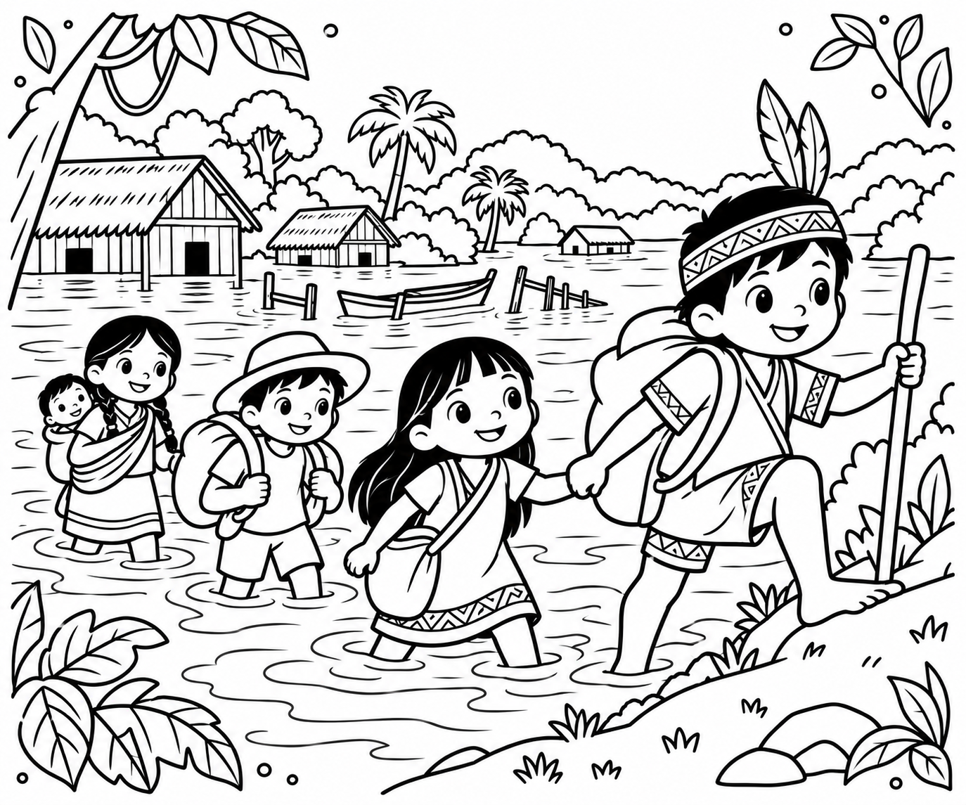 AI coloring page: Dibujo para colorear infantil en blanco y negro, líneas negras gruesas y simples — free printable line art