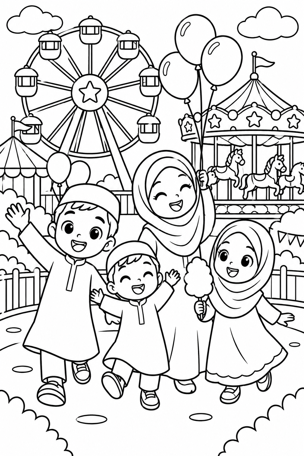AI coloring page: Islamic coloring book page for children ages 3-8, black and white line art only, — free printable line art