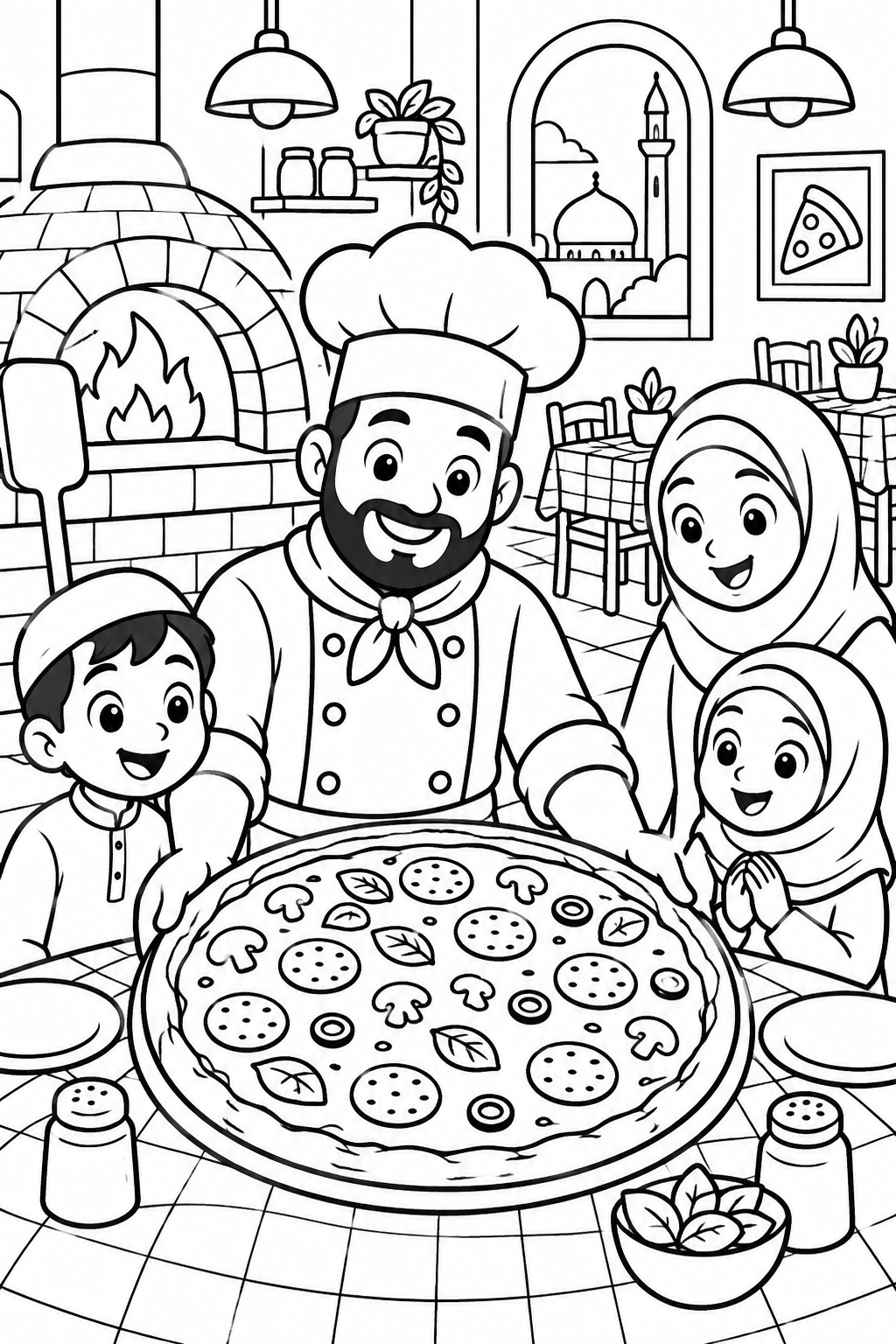 AI coloring page: Islamic coloring book page for children ages 3-8, black and white line art only, — free printable line art