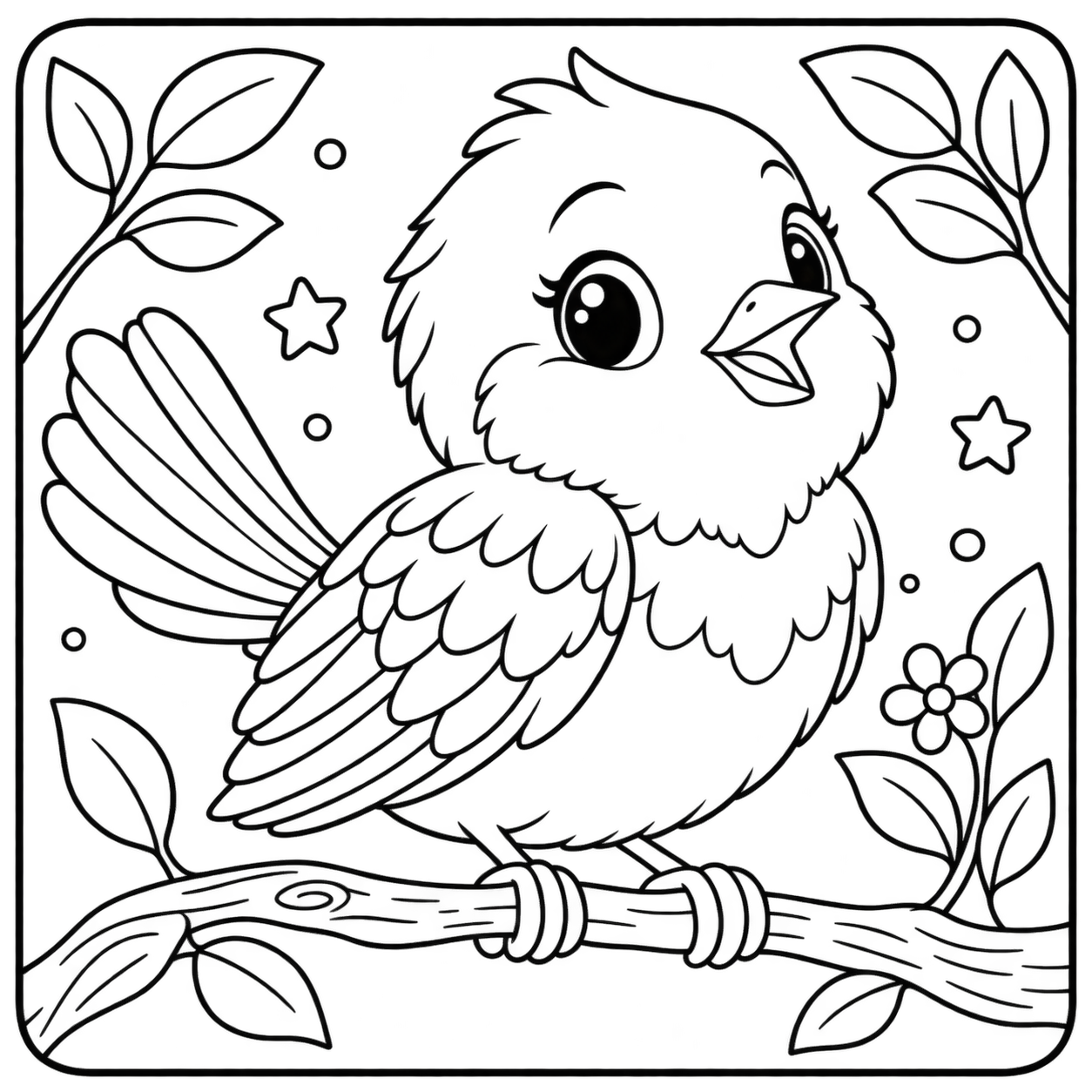 AI coloring page: I want you put in a square with round corners a drawing of a bird don’t put any  — free printable line art