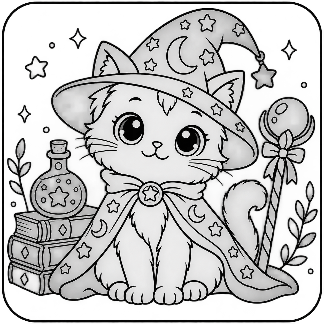AI coloring page: I want you put in a square with round corners a drawing of a cute wizard cat don — free printable line art