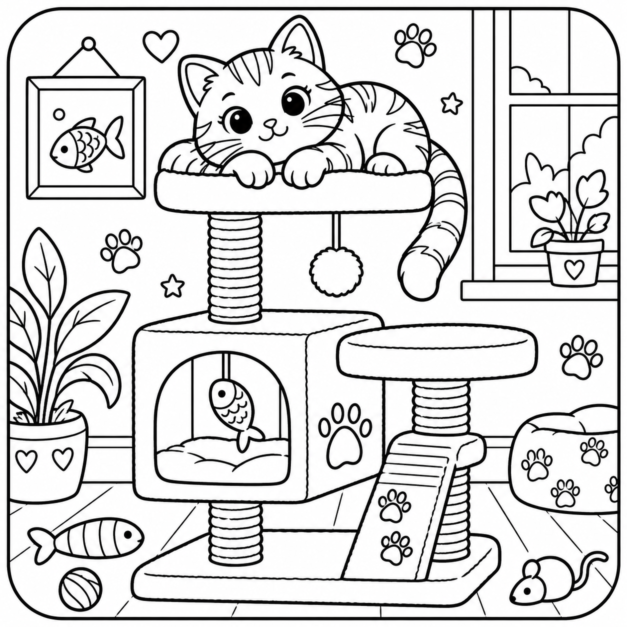 AI coloring page: I want you put in a square with round corners a drawing of a cute cat on a cat t — free printable line art