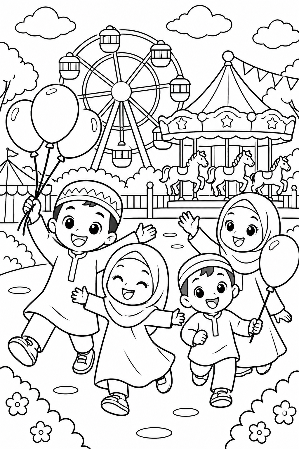 AI coloring page: Islamic coloring book page for children ages 3-8, black and white line art only, — free printable line art