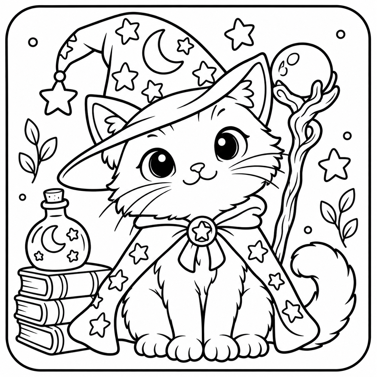 AI coloring page: I want you put in a square with round corners a drawing of a cute wizard cat don — free printable line art