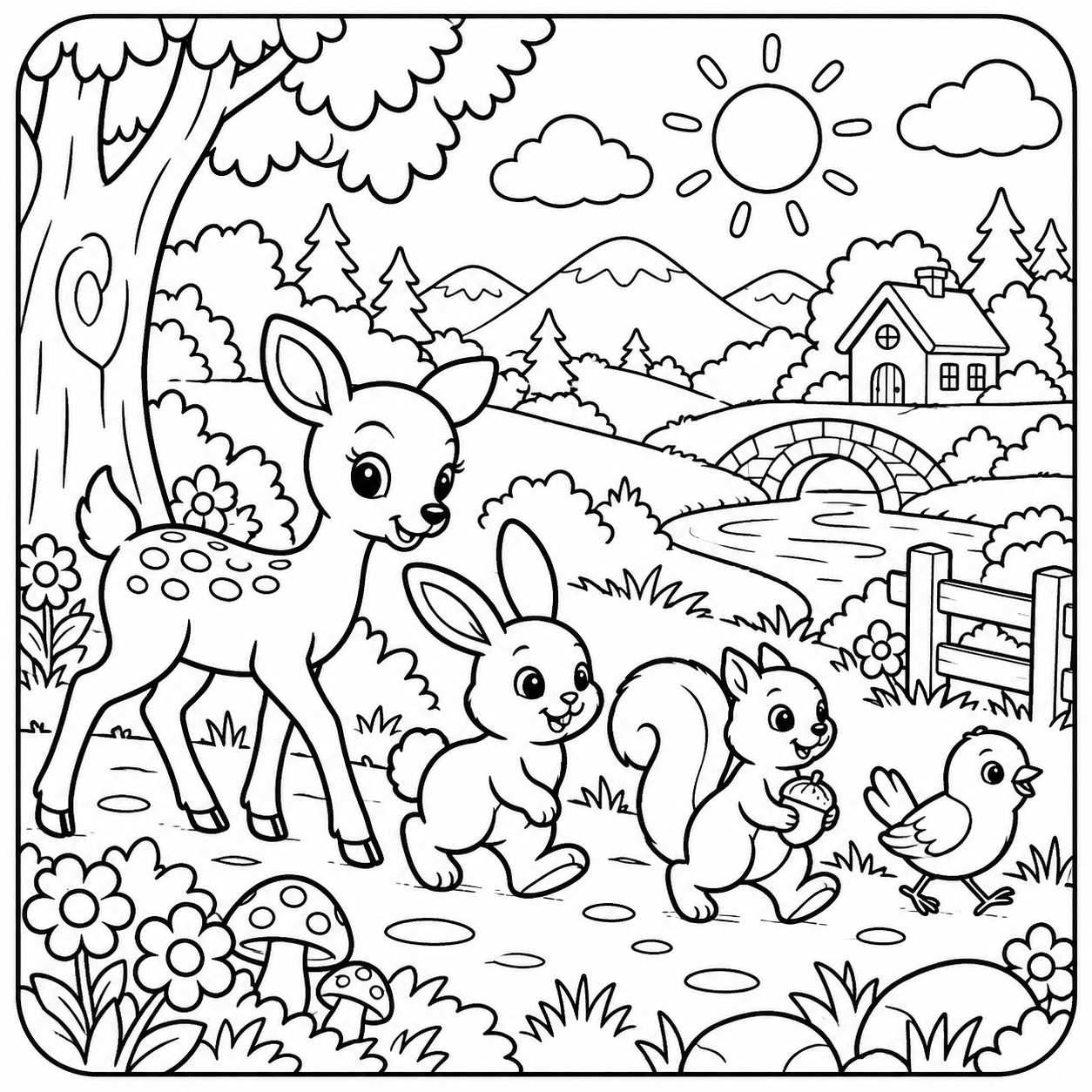 AI coloring page: I want you put in a square with round corners a drawing of a landscape with  som — free printable line art