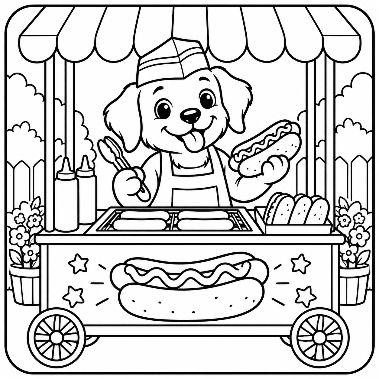 AI coloring page: I want you put in a square with round corners a drawing of a dog in a hot dog st — free printable line art