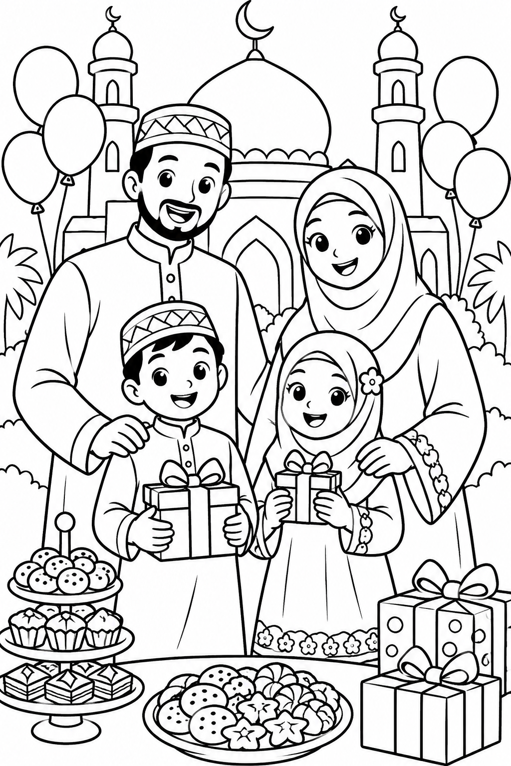 AI coloring page: Islamic coloring book page for children ages 3-8, black and white line art only, — free printable line art