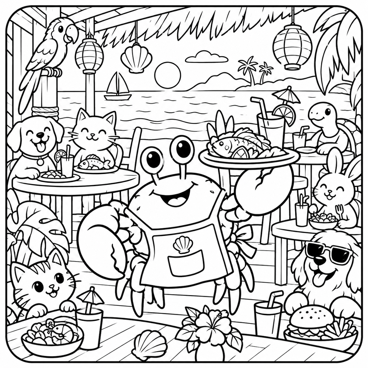 AI coloring page: I want you put in a square with round corners a drawing of a crab in a beach res — free printable line art