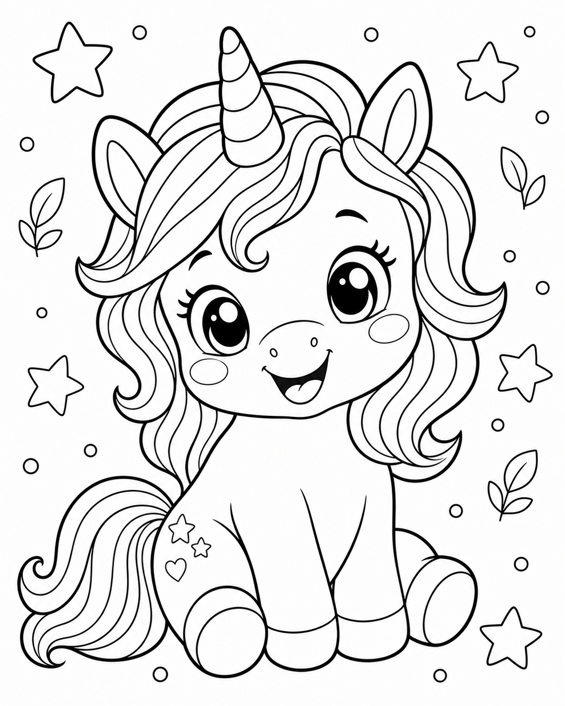 Free AI coloring page: a cute baby unicorn with a rainbow mane — black and white printable line art