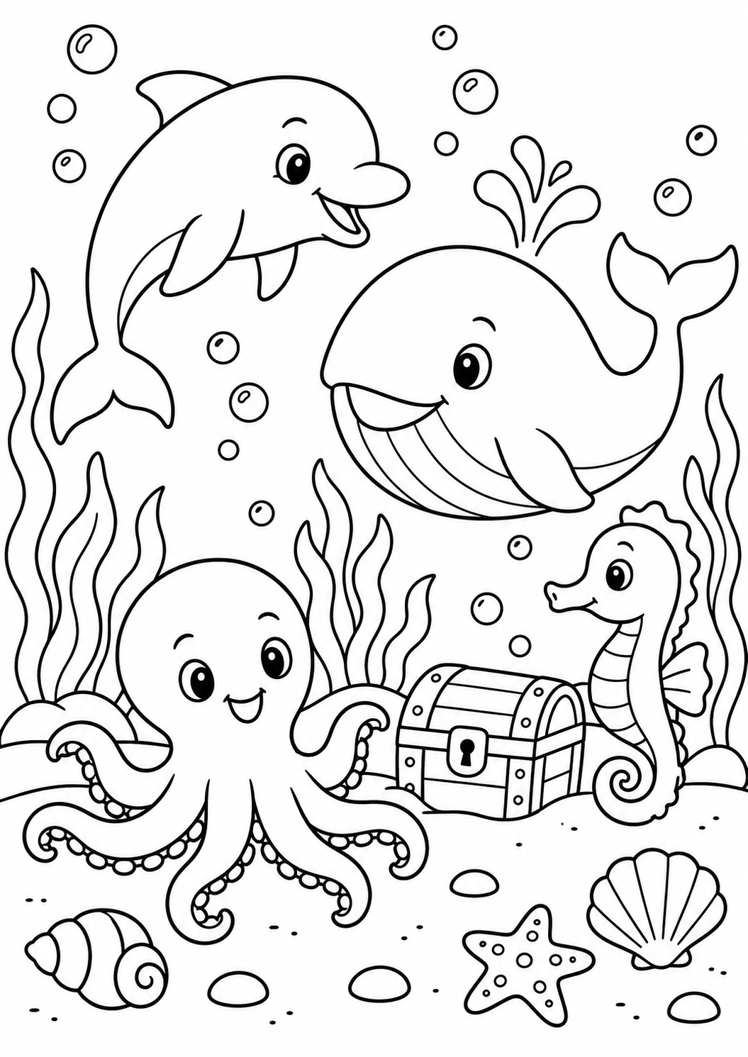 AI coloring page: Cute dolphin, whale, octopus and seahorse exploring a simple underwater scene. I — free printable line art