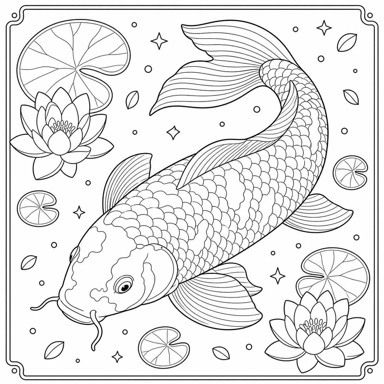 Free AI coloring page: a koi fish in a pond — black and white printable line art