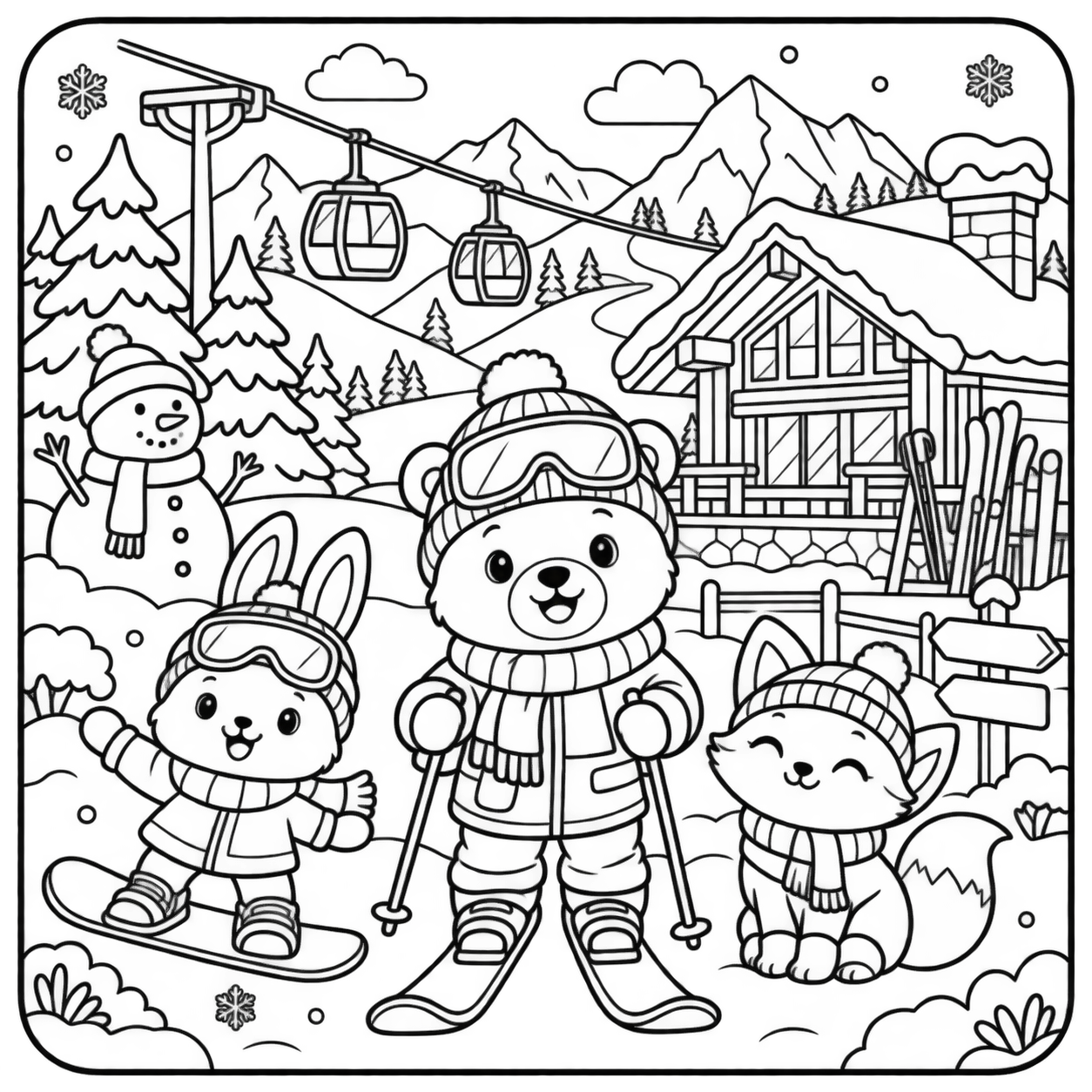 AI coloring page: I want you put in a square with round corners a drawing of ski station with anim — free printable line art