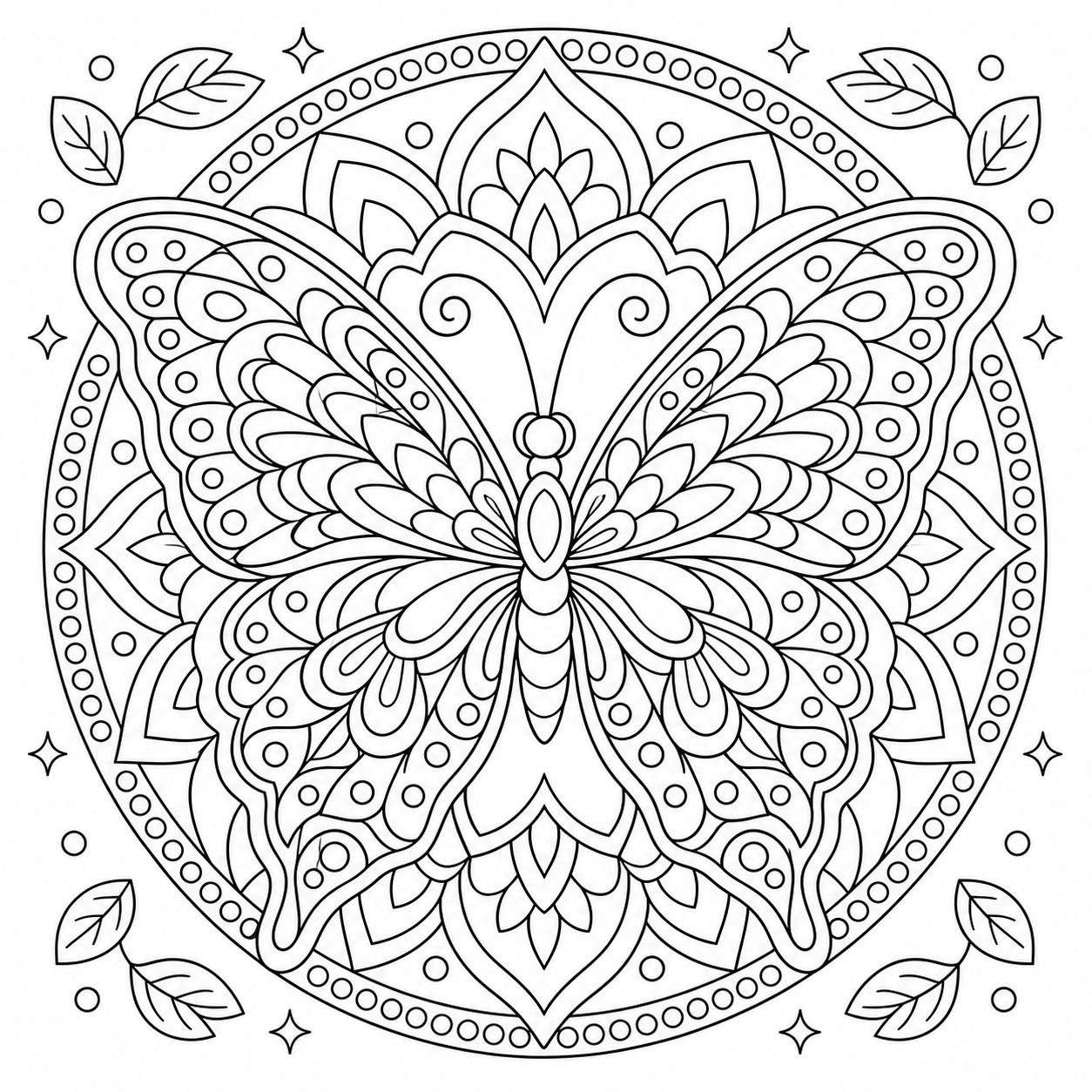 Free AI coloring page: a butterfly mandala symmetrical design — black and white printable line art
