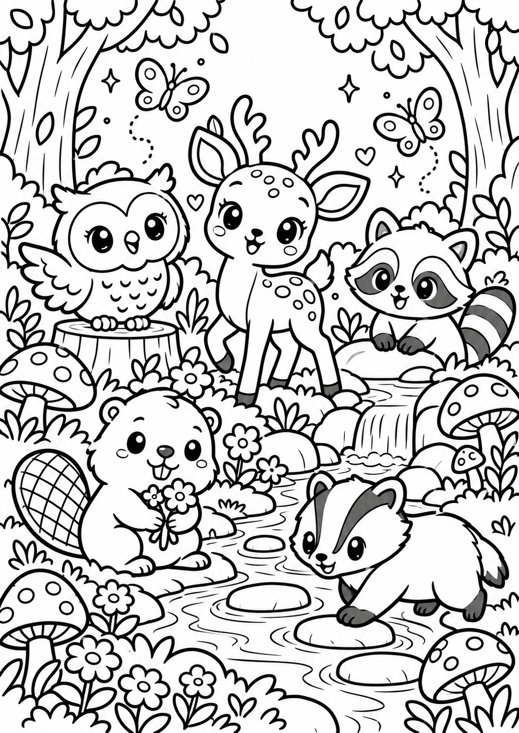 AI coloring page: Cute owl, deer, raccoon, beaver and badger exploring an enchanted woodland garde — free printable line art
