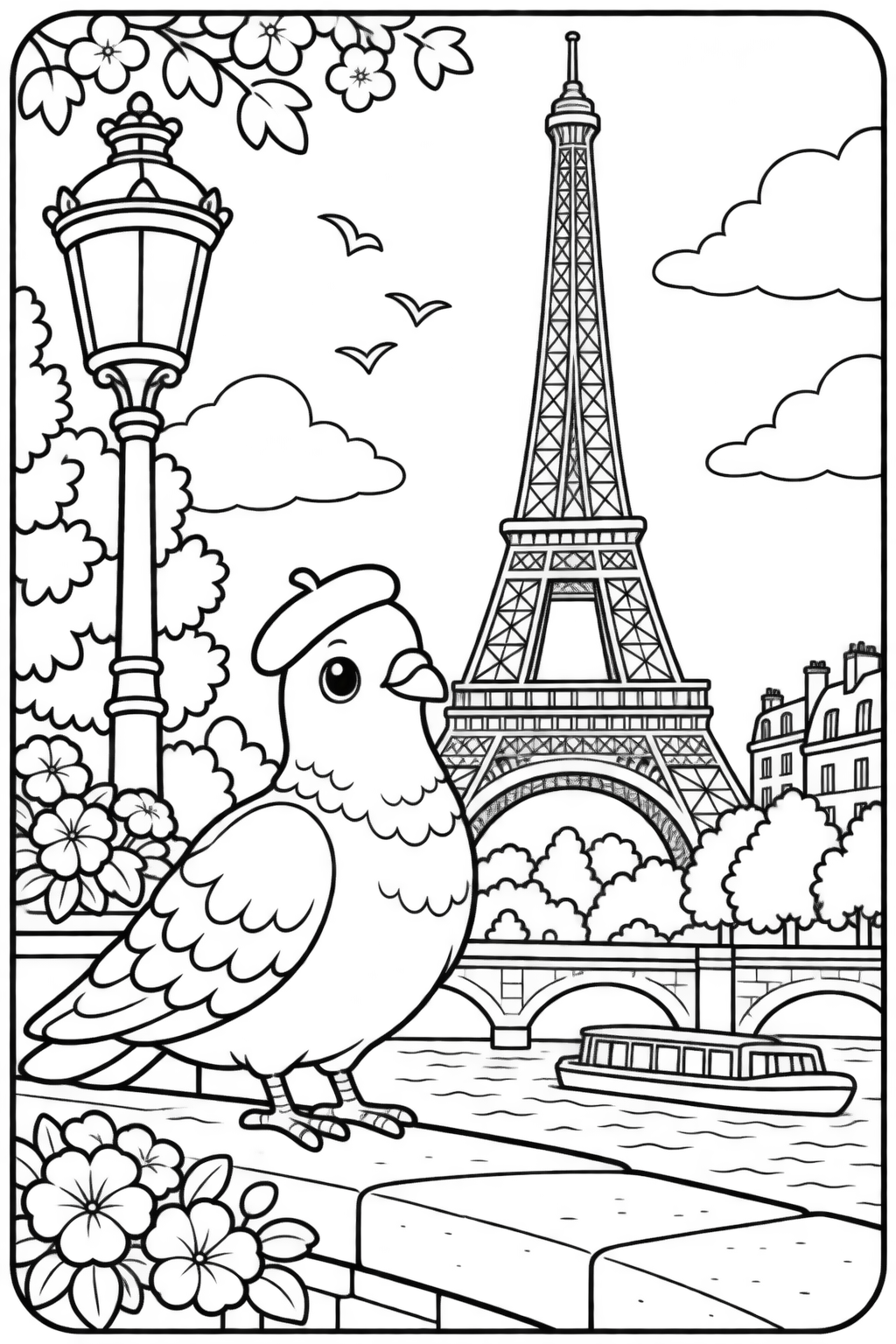 AI coloring page: I want you put in a square with round corners a drawing of pigeon don’t put any  — free printable line art