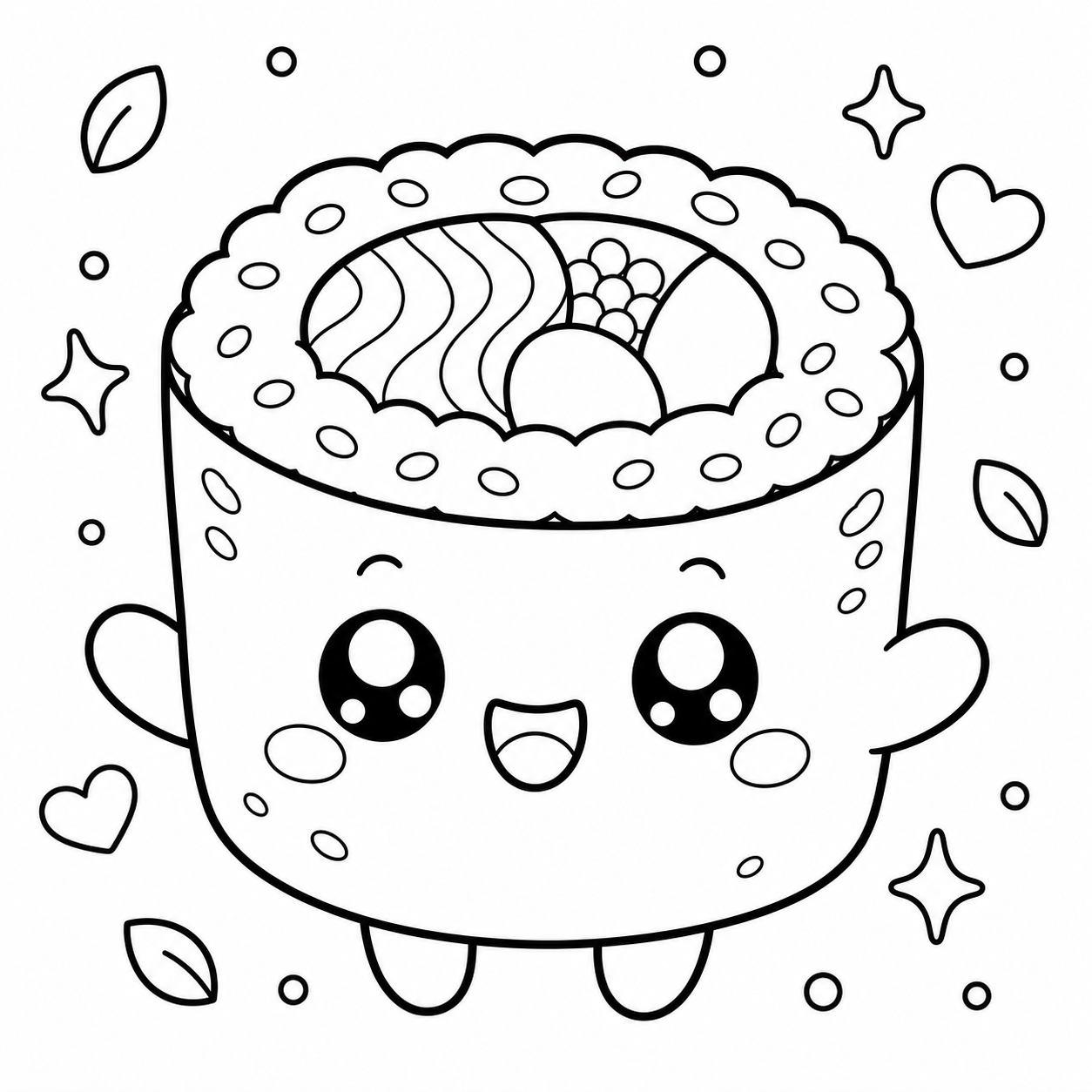 Free AI coloring page: a kawaii sushi roll character — black and white printable line art