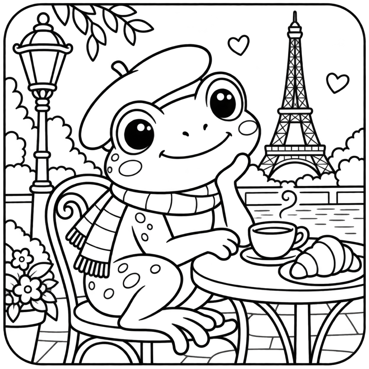 AI coloring page: I want you put in a square with round corners a drawing of frog don’t put any co — free printable line art