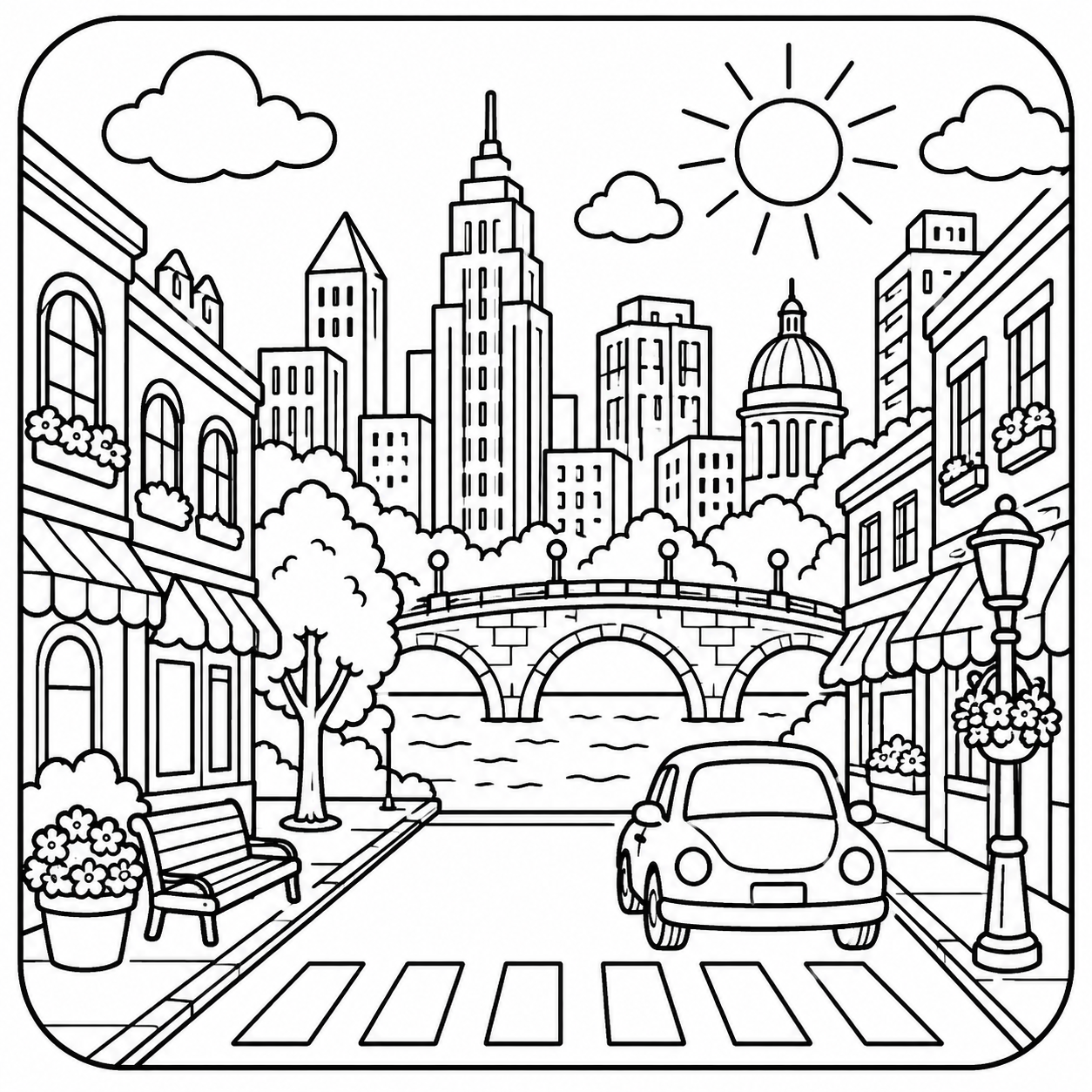AI coloring page: I want you put in a square with round corners a drawing of a city don’t put any  — free printable line art