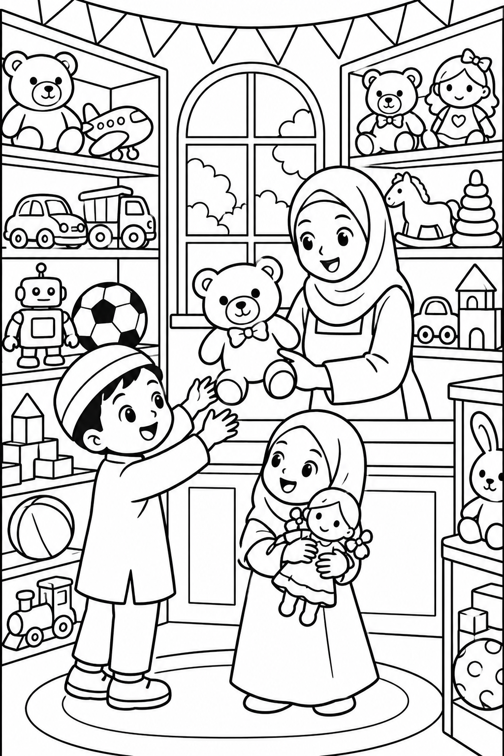 AI coloring page: Islamic coloring book page for children ages 3-8, black and white line art only, — free printable line art