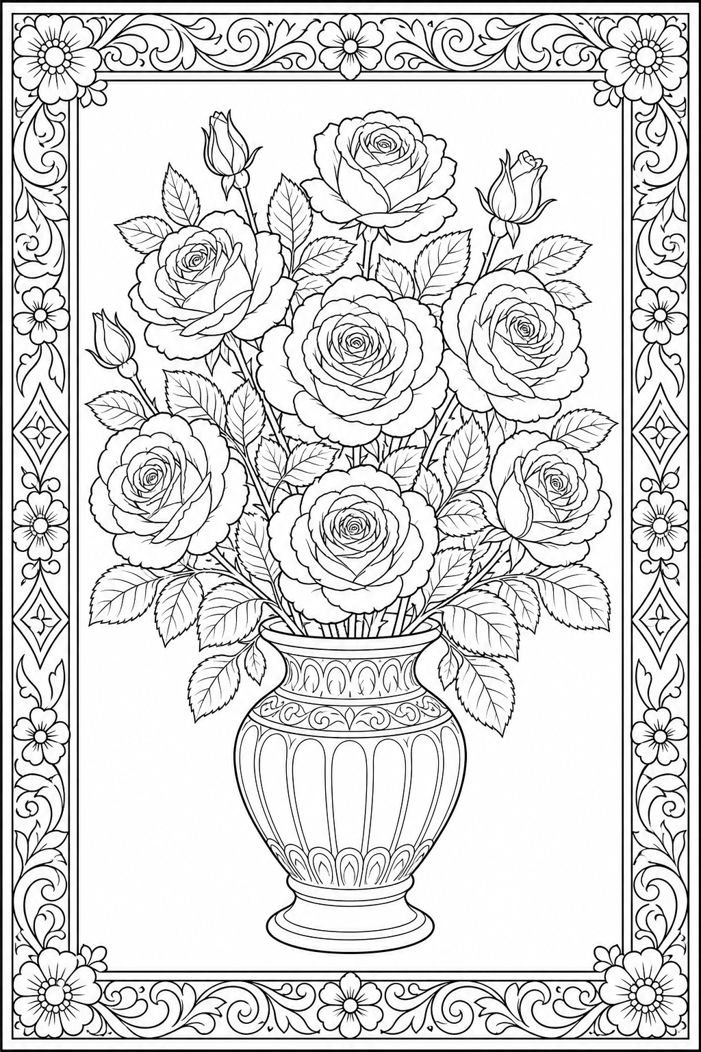 AI coloring page: a bouquet of roses in a vase — free printable line art