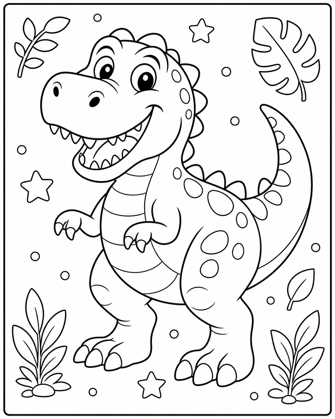 Free AI coloring page: a friendly T-Rex dinosaur smiling — black and white printable line art