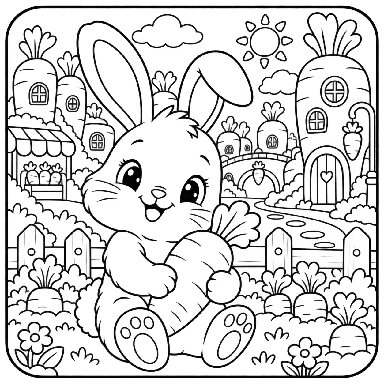 AI coloring page: I want you put in a square with round corners a drawing of bunny don’t put any c — free printable line art